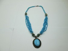 Beaded Statement Necklace Light Blue Turquoise Silver Tone Oval Stone Pendant