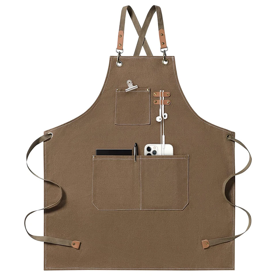 Men Women Thick Canvas Denim Bib Apron Kitchen Cooking Workshop Heavy Work Apron - Image 3 of 4