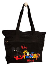 Walt Disney World Black Nylon Tote Bag Large w/ Embroidered Lettering 20" X 13"