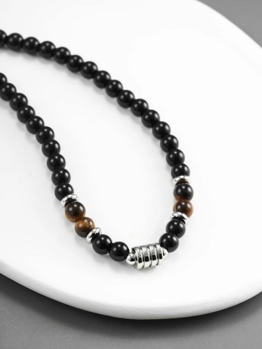 Collar, bolsa de regalo con cuentas de 6 mm de piedras preciosas de ónix negro natural y ojo de tigre - Imagen 4 de 4