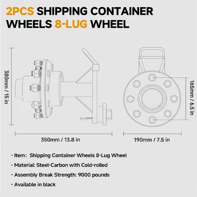 For 8 x 6.5 Lug 8000LB Shipping Container Wheels Steel Bolt-on Spindle Kit Black - Image 3 of 4