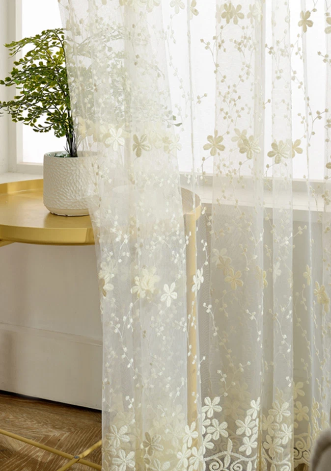 Cortinas transparentes encaje tul flor bordada gasa beige fresco partición 1 panel Foto 4 de 4