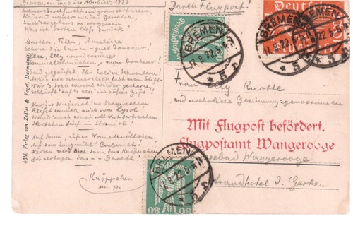 AK, Flugpost, Flugpostamt Wangerooge, auf AK Bremen, gelaufen 17.08.1922.