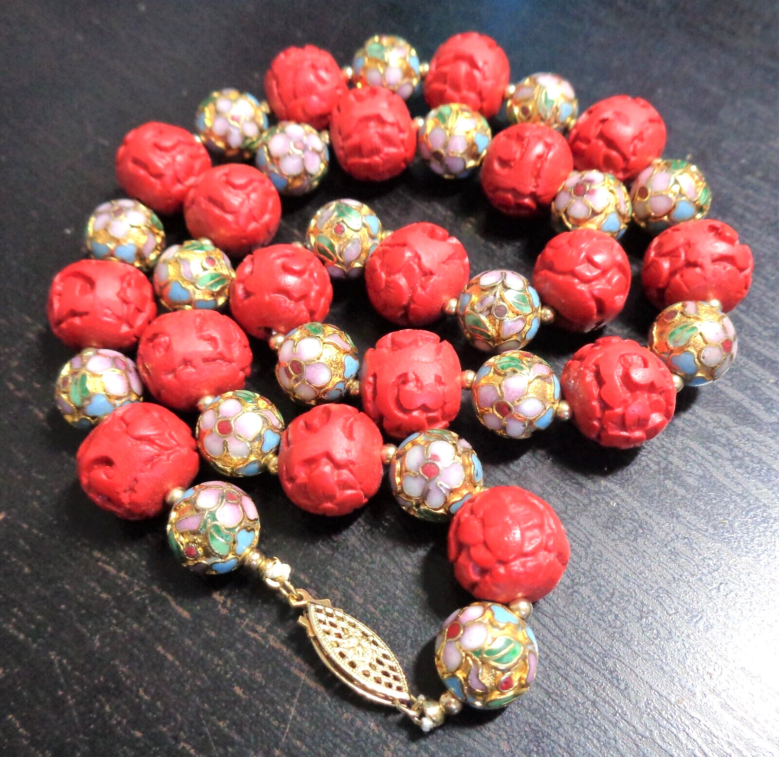 14K Gold Filled Stamped Clasp, Vintage, Cloisonne/Red… Gem