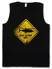 SHARK WARNING SIGN TANK TOP VEST Surfer Surfing Diver Jaws Tiger White Killer