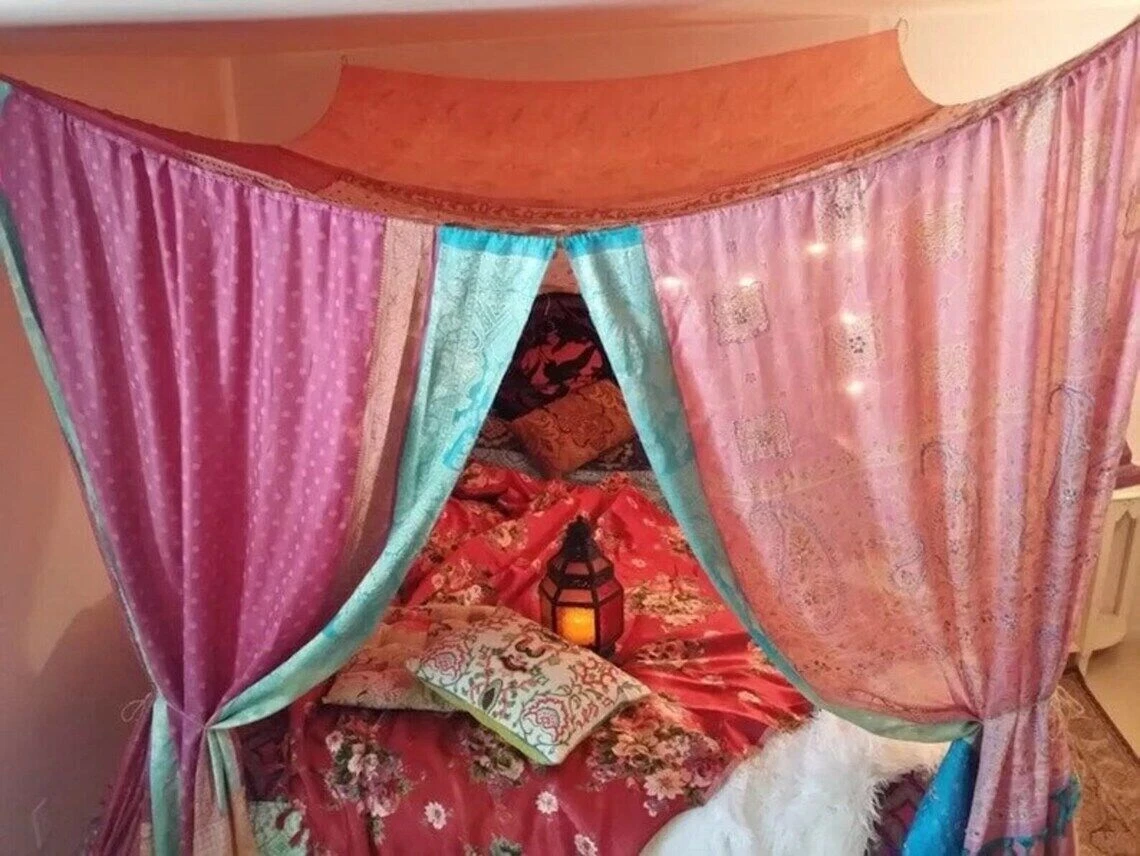 Bed Canopy Silk Sari Colorful Bed Canopy Drapes Vintage fabric Canopy