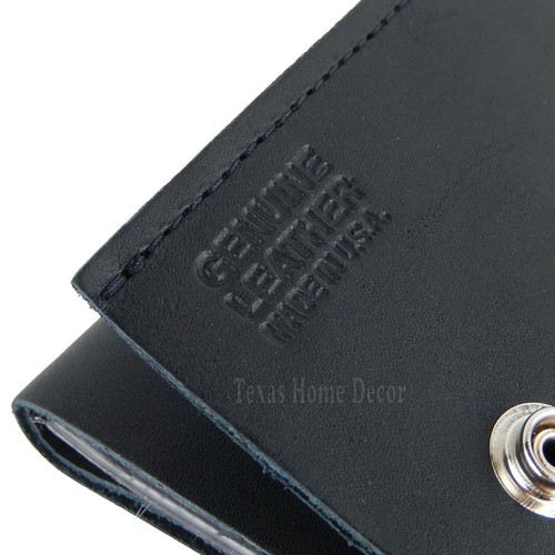 Black leather wallet with silver eagle logo, trucker biker chain tri-fold design, and “Texas Home Decor” text on front.