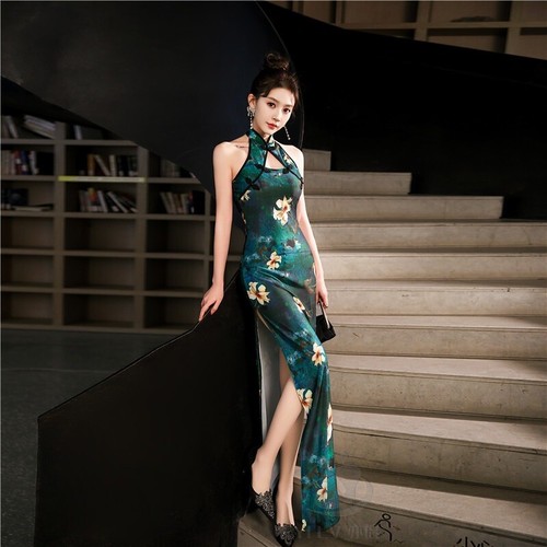 Women Sleeveless Halter Cheongsam Satin Dress Chinese Prom Qipao Slim Cheongsam - Picture 9 of 12