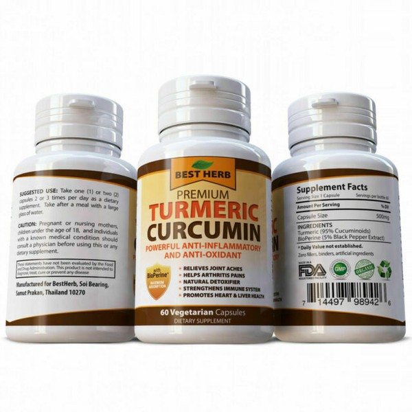 Best Herb Premium Turmeric Curcumin 500mg Capsules with Black Pepper