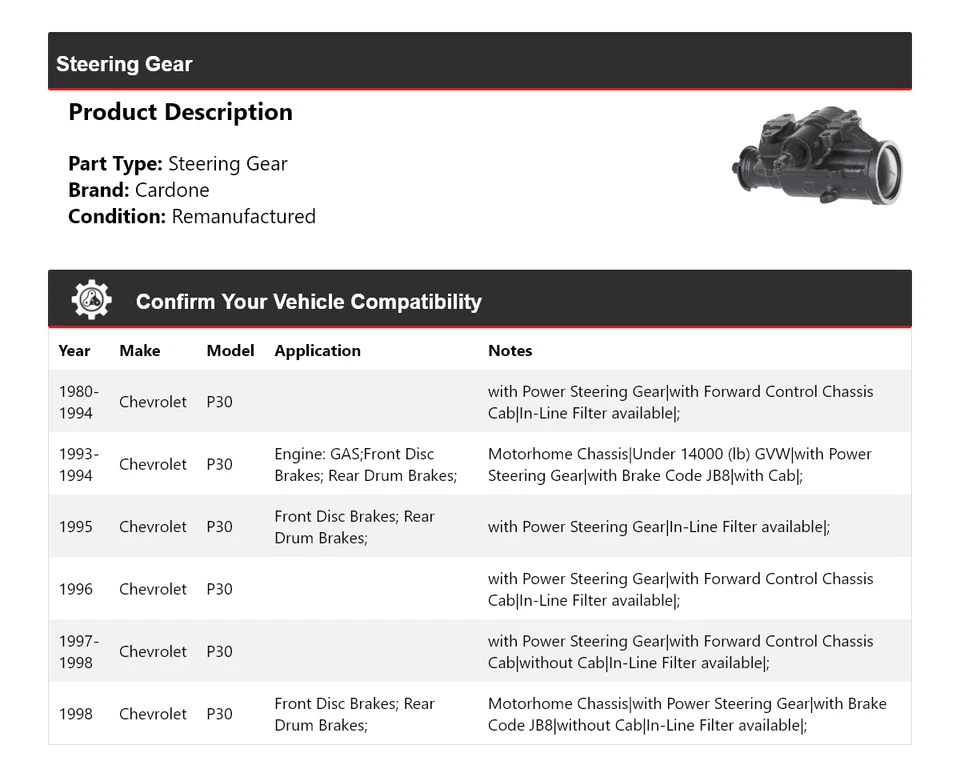 Para Chevrolet P30 1980-1998 engranaje de dirección Cardone 1981 1982 1983 1984 1985 1986 Foto 2 de 4
