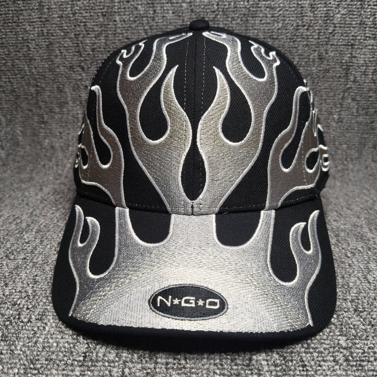 NGD Flame Baseball Cap Black Silver Adjustable Strapback Curved Brim
