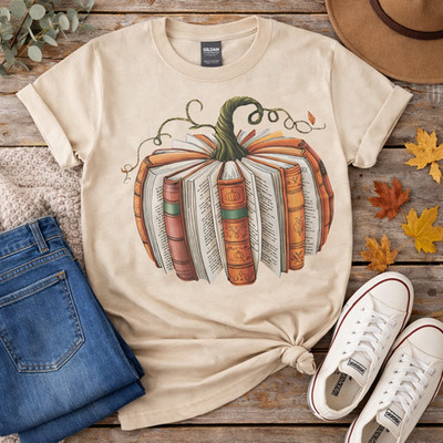 Fully Booked Pumpkin Shirt NWT Adult Large Tan Gildan DryBlend Fall T-Shirt