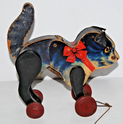 Rare Antique 1932 All-Fair Toys Happy Tabby Cat 283 Wooden Pull Along Toy Vtg