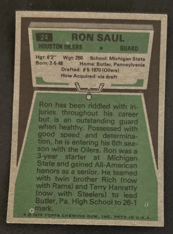 1975 Topps Ron Saul Football Card #24 Oilers Guard VG O/C - Image 2 of 2