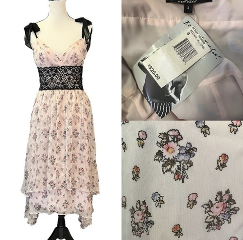 NWT RARE Vintage Betsey Johnson Black Pink Silk Sheer Mesh Lace Floral Dress 4