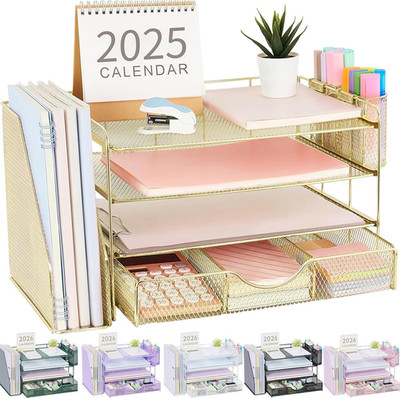 4-Tier Desk Organizer with File Holder Drawer and 2 Pen Holders Gold