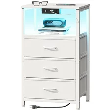 White Night Stand with Light Strip and Charging Station — USB Ports & Power O...