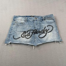 Ed Hardy Womens XL Blue Denim Mini Skirt Tattoo Graphic Y2K McBling WEHD6000-5
