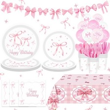 Pink Bow Birthday Decorations 160 PCS Conquette Tableware for Girls Plates