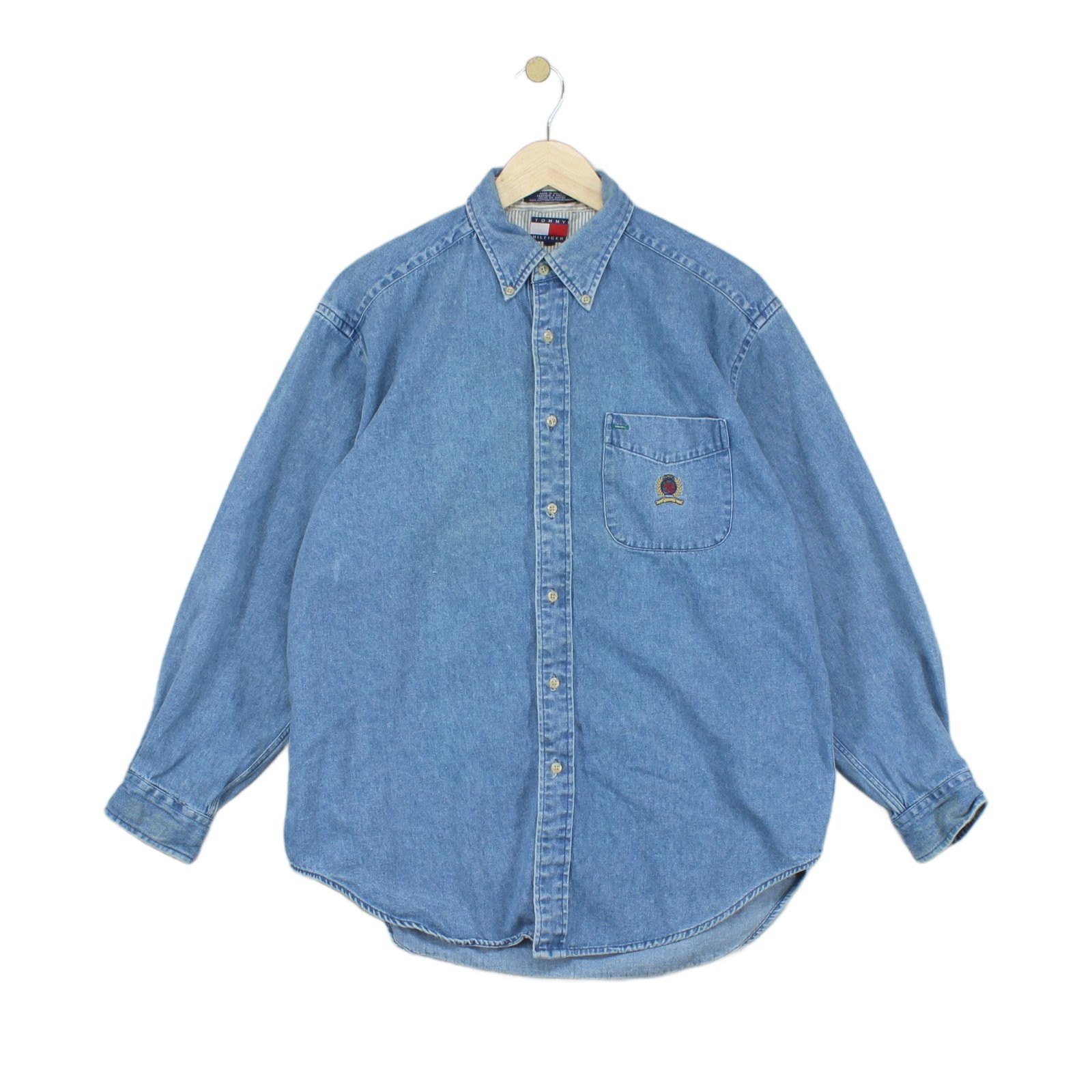 Vintage Tommy Hilfiger Denim Shirt Mens Size S Blue Casual Long Sleeve