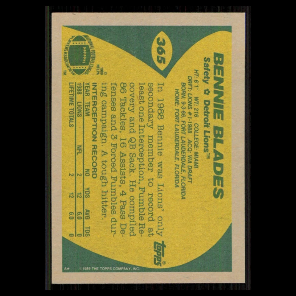 Bennie Blades Rookie #365 1989 Topps Detroit Lions Football Card NFL NM - Image 2 of 3