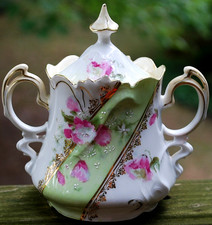 ANTIQUE 1880s Porcelain Sugar Bowl/Lid MZ AUSTRIA Nouveau LIME GREEN/ PINK ROSES