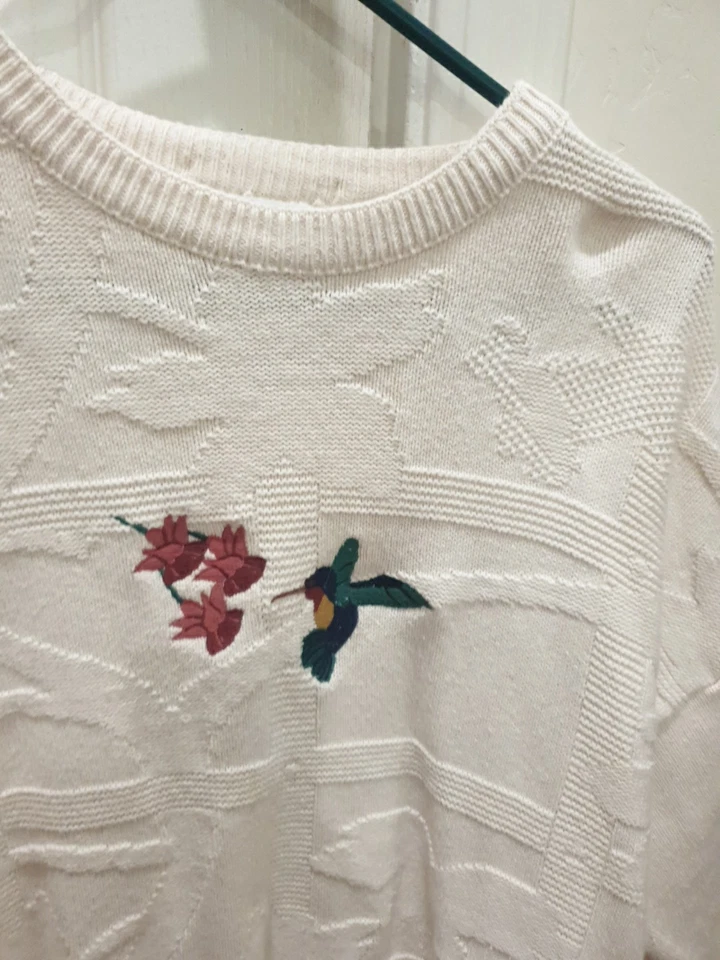 Suéter De Colección Isla De Algodón Para Hombre Grande Con Flor Colibrí Cuello Redondo EE. UU. 90s Foto 4 de 4