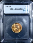 1942-S Lincoln Wheat Cent ICG MS65 RD Red Gem BU Strong Luster WWII Era