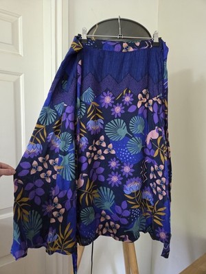 Gudrun Sjoden Wickelrock Blumen lila Vögel Leinenmix M UK 12 Bindefarbe Hippie