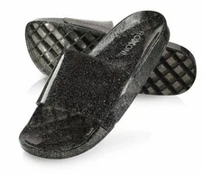 Roxoni Black/silver Blk Glitter Jelly Slip On Wide Strap Slides/sandals-NWOB SZ8