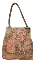 Vintage 1950s Tapestry Purse Courting Scene Gold Frame Chain Handle Evening Bag