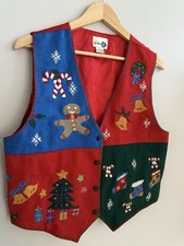 Vintage Paul Harris Design Wool Blend Button Up Embroidered Christmas Vest Sz L