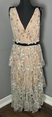 Self-Portrait Women's Floral Stars Mesh Midi Dress Size 10 Fairy Romantic Party