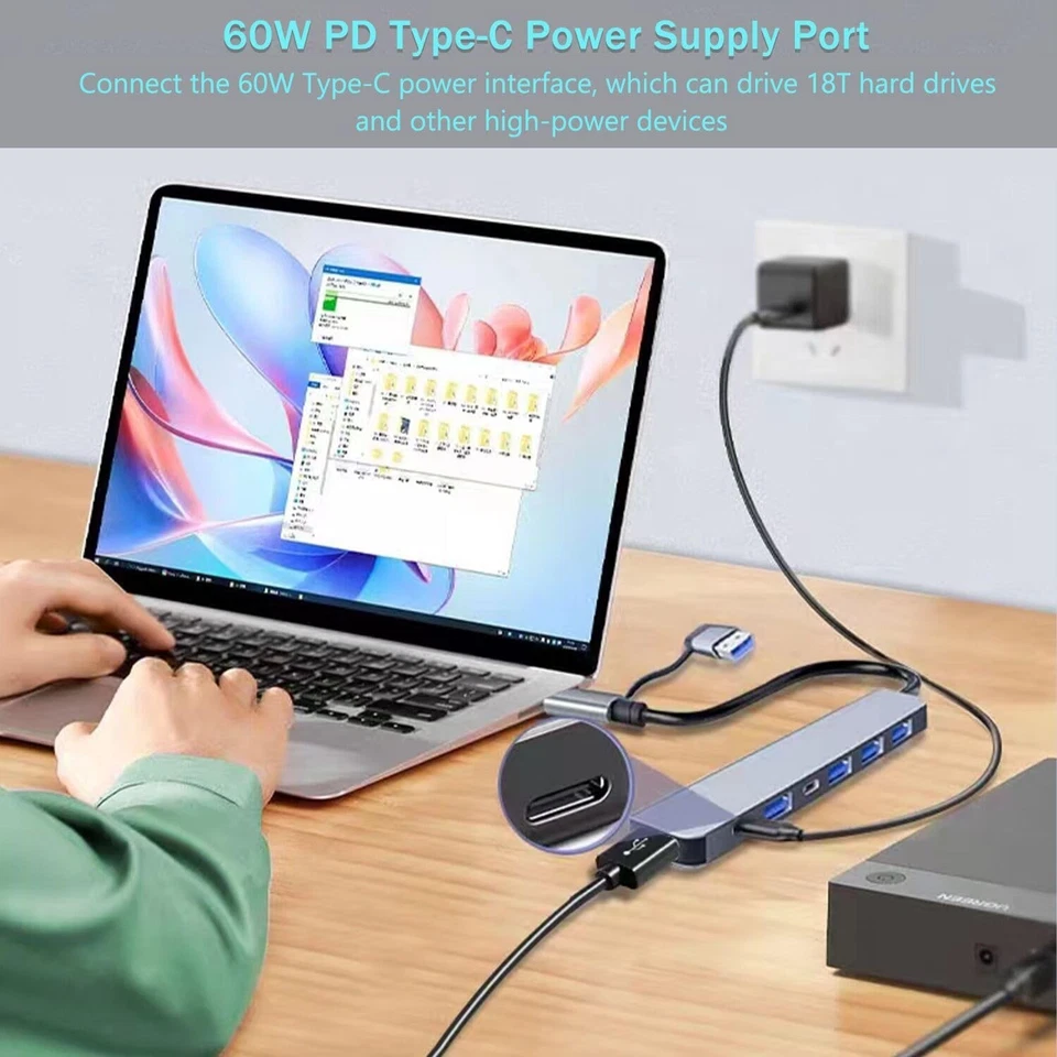 Aluminum USB C & USB Hub 7-in-1 with USB 3.0, USB-C Ports for PC/Laptops/MacBooK - Image 4 of 4