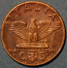1940 Italia 5 Centesimi Vittorio Emanuele III KM# 73