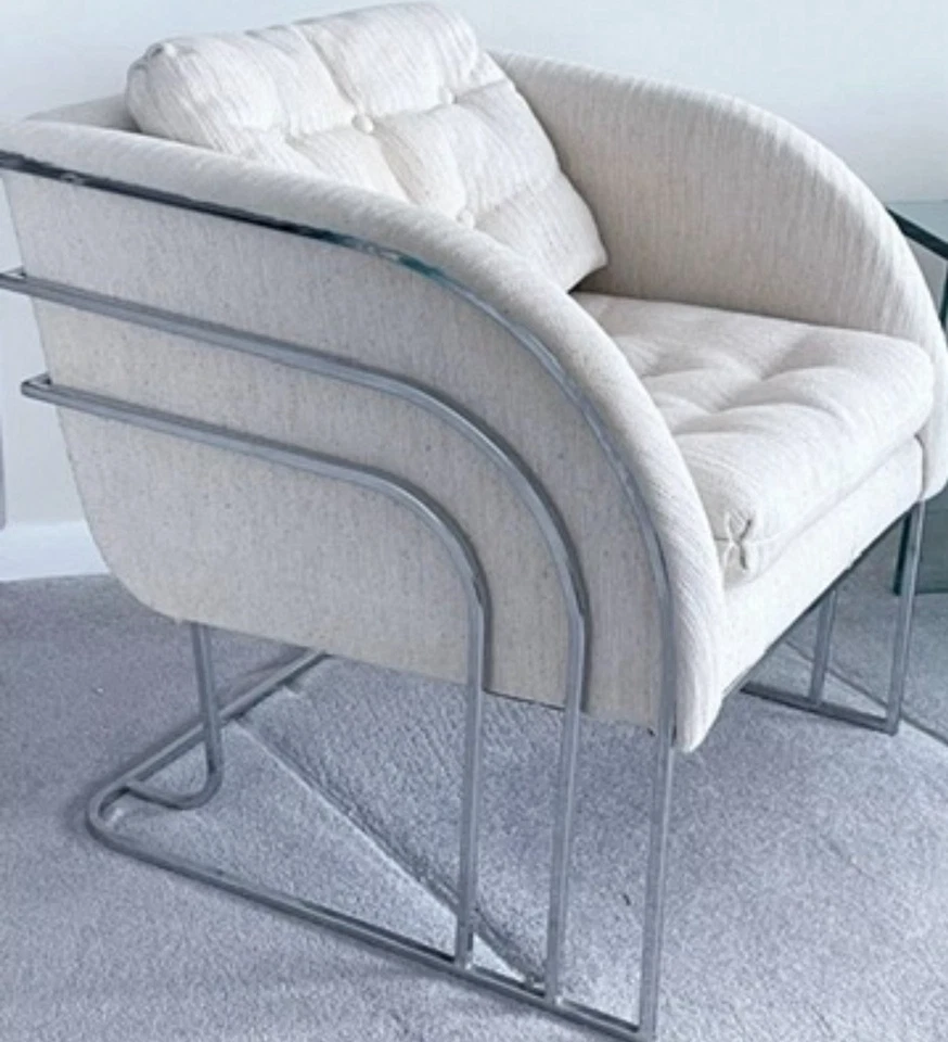 Matched Pair 2 MCM Milo Baughman Art Deco Chrome Club Chairs Hollywood Regency - Image 2 of 4