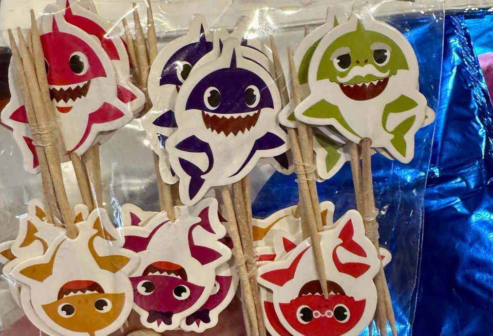 Baby Shark Birthday Balloons Party Set 10 Mylar Balloons Cupcake Toppers - Image 3 of 4