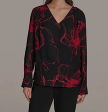 Donna Karan New York Women's Black Printed V-Neck Blouse Top Size XL