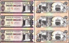 Guyana 20 Dollars, 1996-2018 ND, P-30g, UNC, 3 Pieces Uncut Sheet