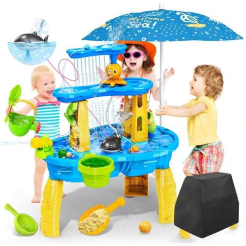 VATOS Sand Water Table Toys For Toddlers Kids - With Water Pumb & Umbrella 3-Tie