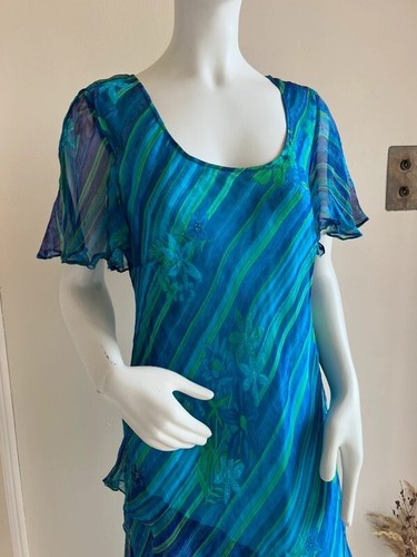 Phool Size 16 MaxiMidi Dress Chiffon Tiered Layered Vintage Stretch Blue Green - Picture 8 of 8