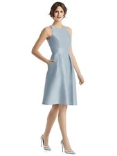 Alfred Sung Mist Blue Jewel Neck Satin Cocktail Dress Size 18 $214 D769