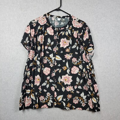 Old Navy Pink Black Floral SS Button Up 100% Rayon Shirt Women's Plus XXL