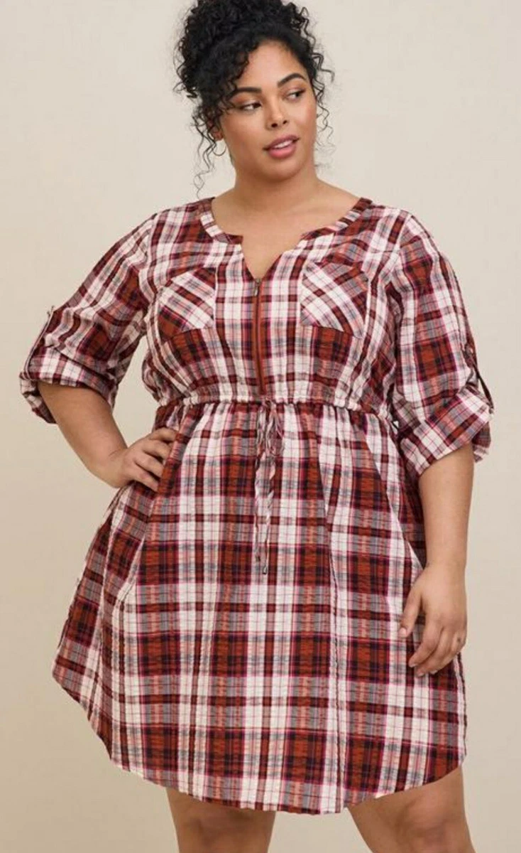 Torrid Adorable Plaid Zip Front Seer Sucker Mini Shirt Dress Plus Size 1X,  14/16