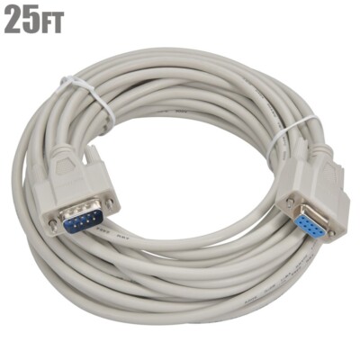 25FT DB9 9-Pin DB 9 Male to Female Null Modem Adapter Cable Extension Cord Ivory