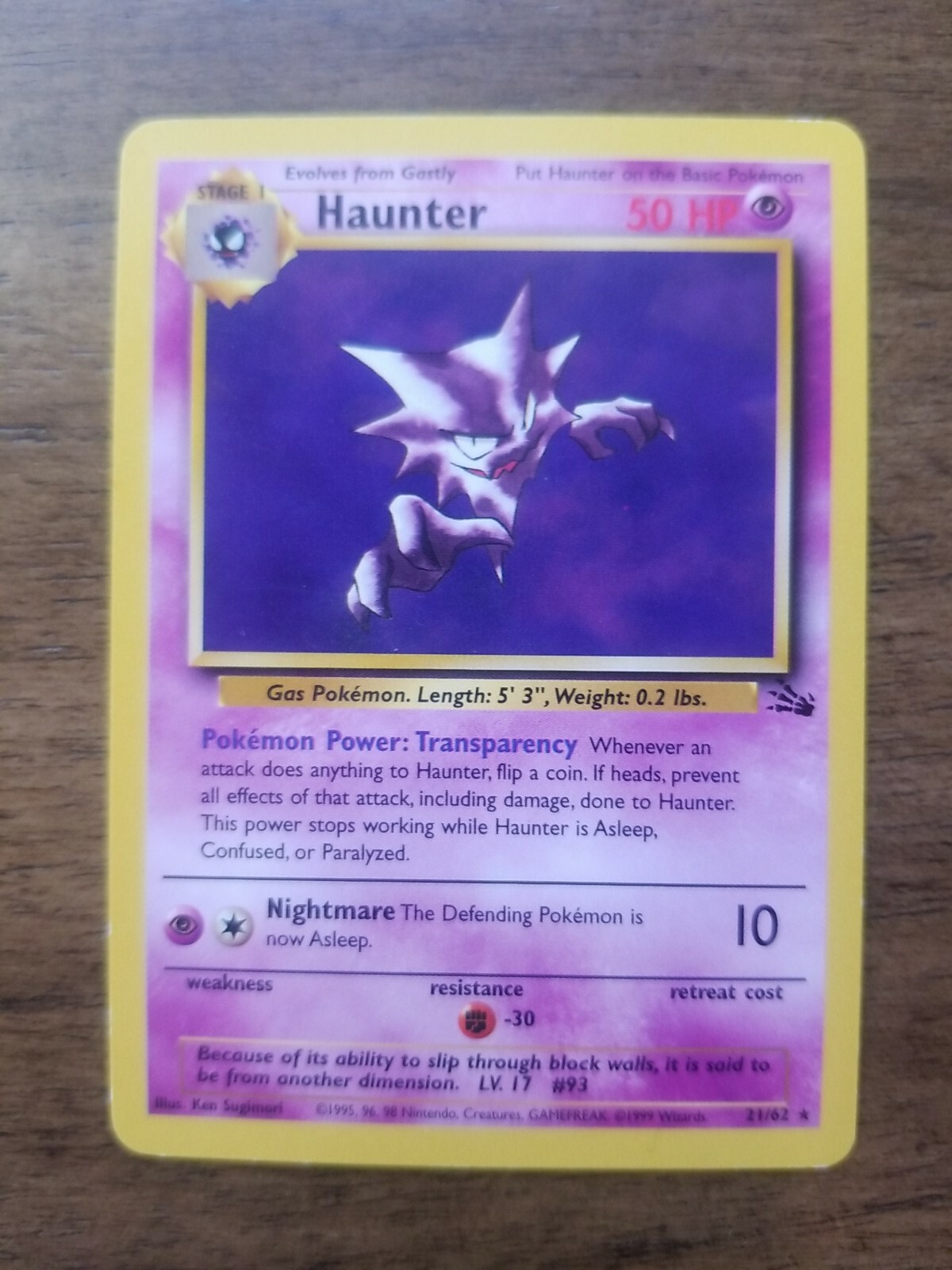 1999 Haunter Fossil Pokemon No 21/62 Original Base Set Vintage Near mint
