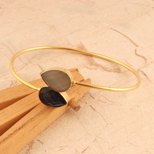 Gray Chalcedony Iolite Blue Quartz 24k Gold Plated Pear Shape Adjustable Bangle  - Picture 2 of 3