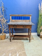 Victorian Oak Marble-Top Washstand with Blue Tiled Back Cupboard Pot Cabinet 