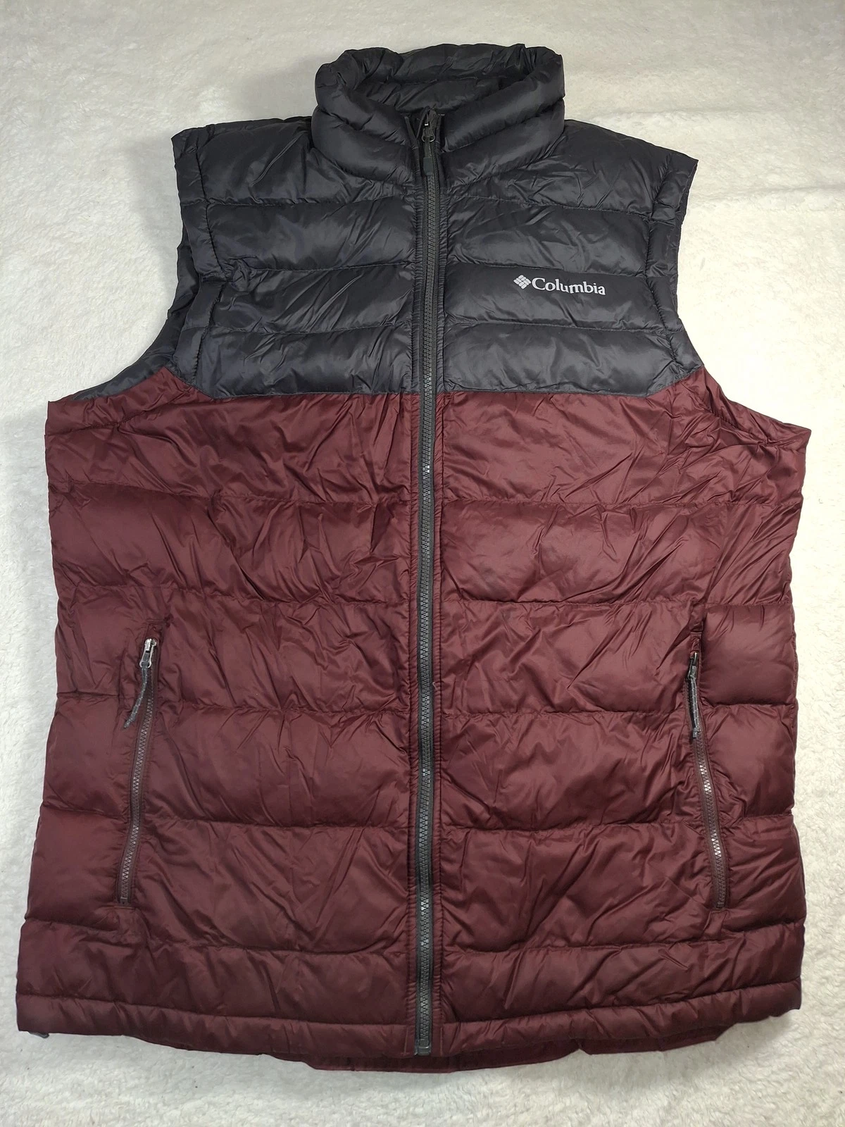 Columbia Men's L Puffer Vest Gray Maroon Full Zip Insulated Outdoor Sportswear