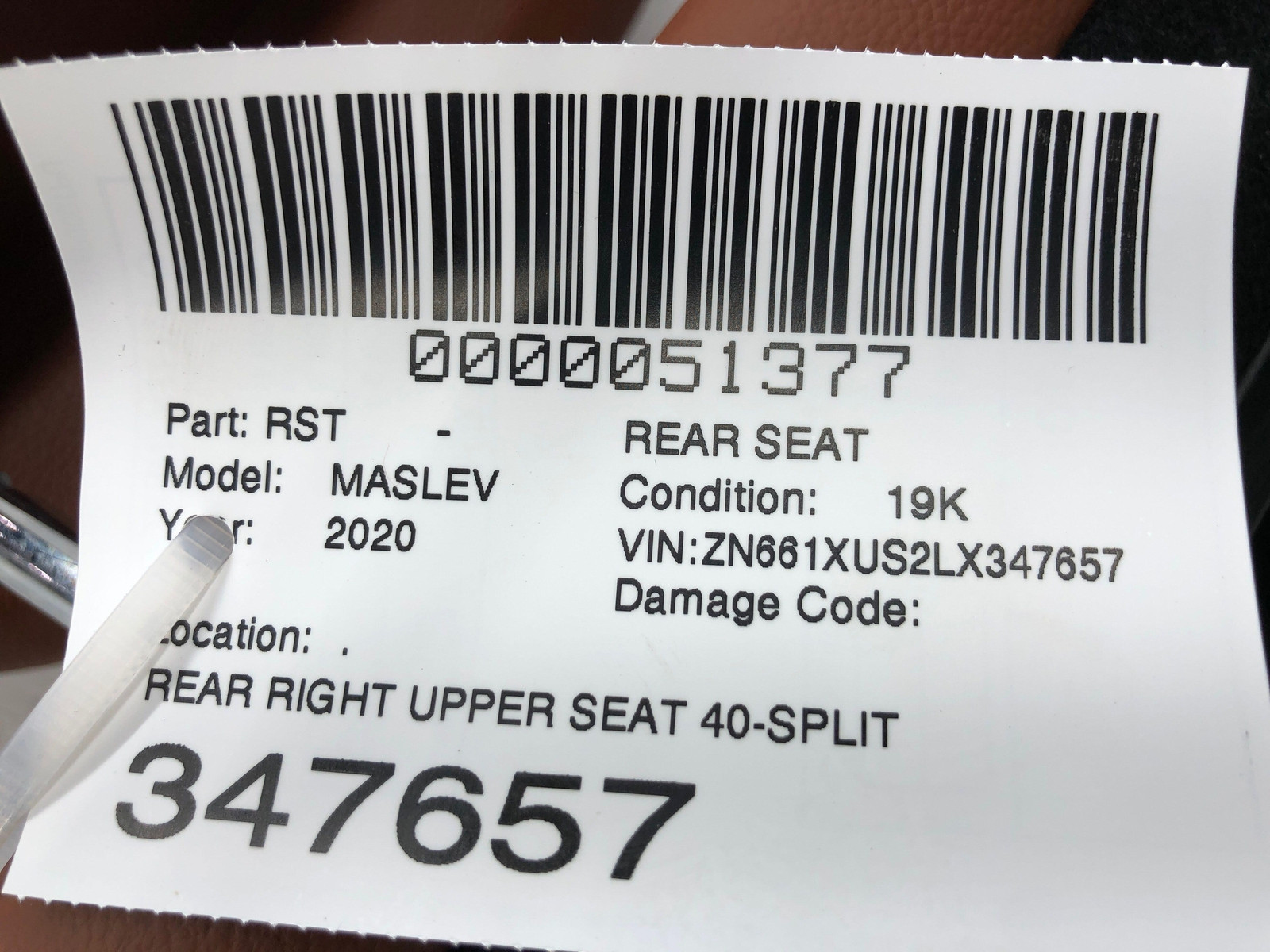 2017-2020 MASERATI LEVANTE M161 OEM REAR RIGHT UPPER SEAT CUSHION CUOIO BROWN